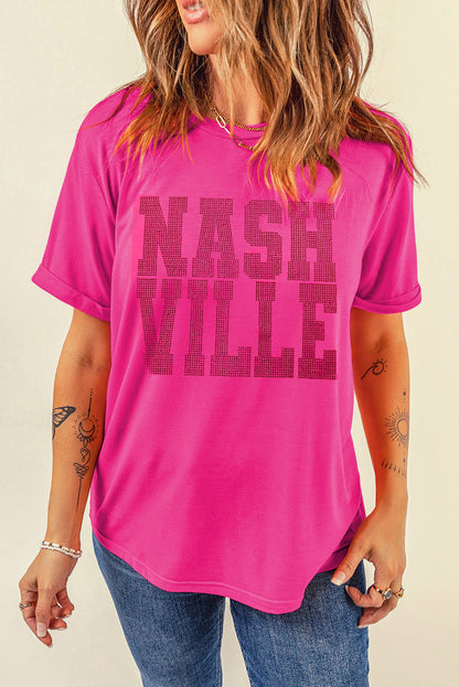 Camiseta con cuello redondo y gráfico NASHVILLE con diamantes de imitación en rojo rosa