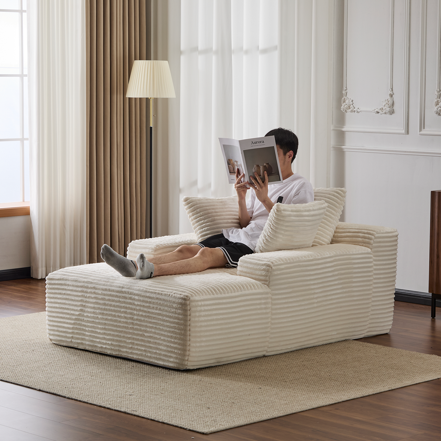 White Corduroy Plush Oversized Chaise Lounge Chair