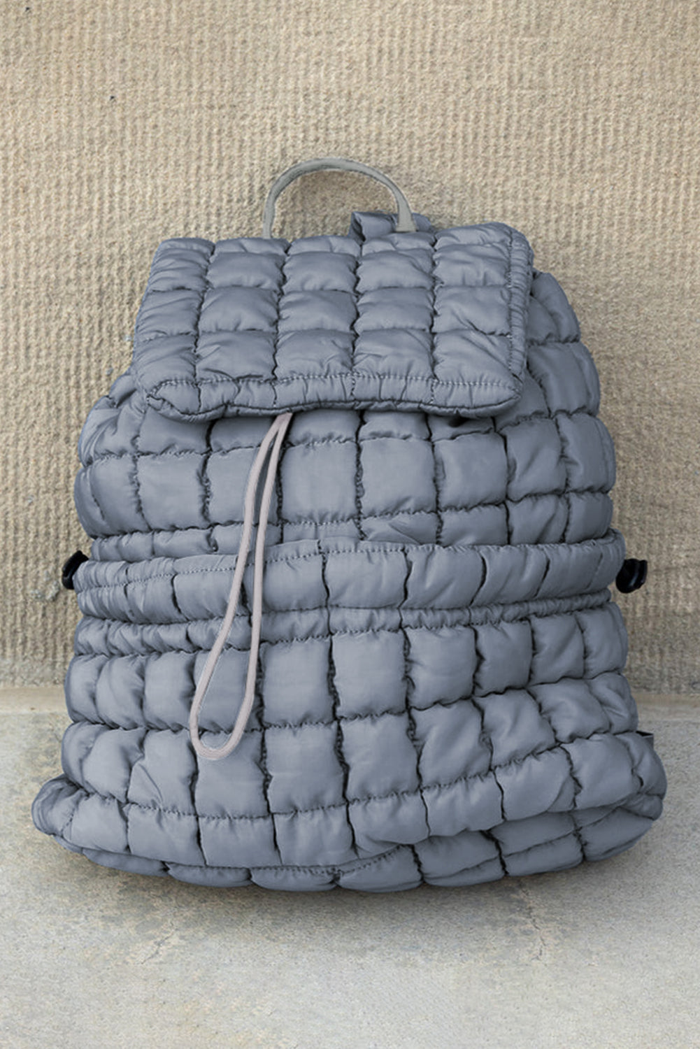 Medium Grey Solid Flapped Quilted Puffer Backpack