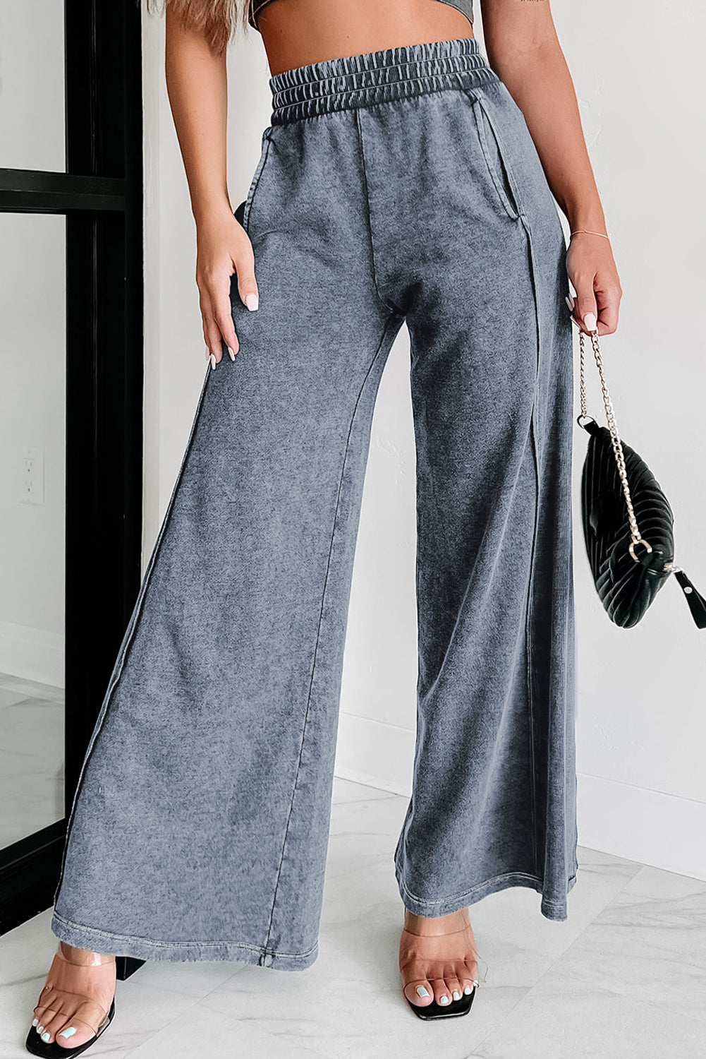 Black Mineral Washed Smocked Wide Leg Pants