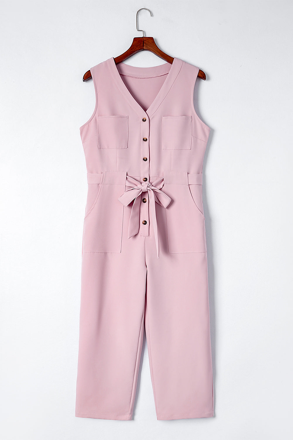 Pink Buttoned Sleeveless Cropped Jumpsuit With Sash