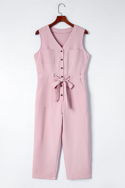 Buttoned Sleeveless Cropped Jumpsuit With Sash