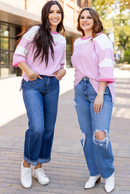 Pink Stripe Patchwork Bracelet Sleeve Plus Size T Shirt