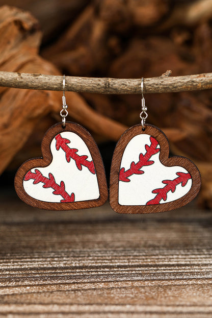 Pendientes con estampado de rugby en forma de corazón y borde en contraste de madera blanca