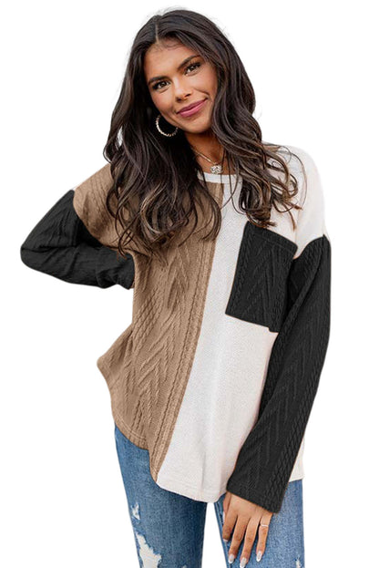 Long Sleeve Colorblock Chest Pocket Textured Knit Top