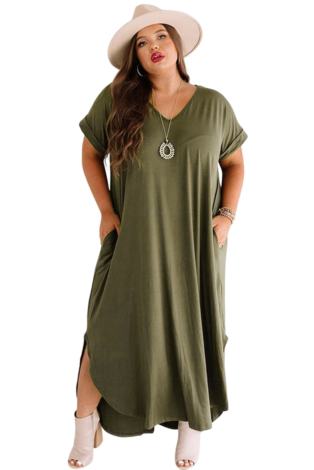 Vestido largo con cuello en V y puños enrollados de talla grande verde