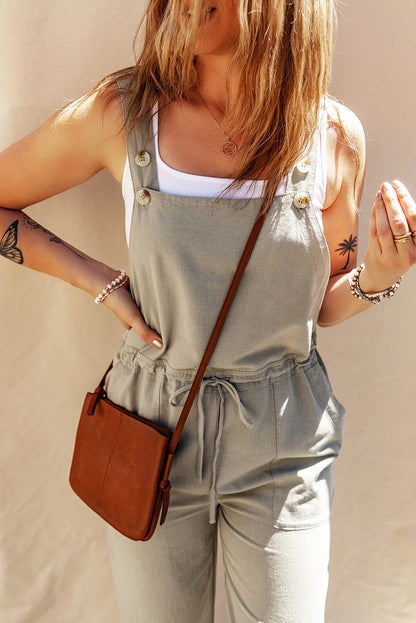 Black Drawstring Buttoned Straps Cropped Overalls