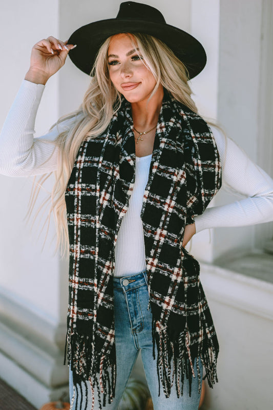 Black Plaid Print Fringed Large Scarf