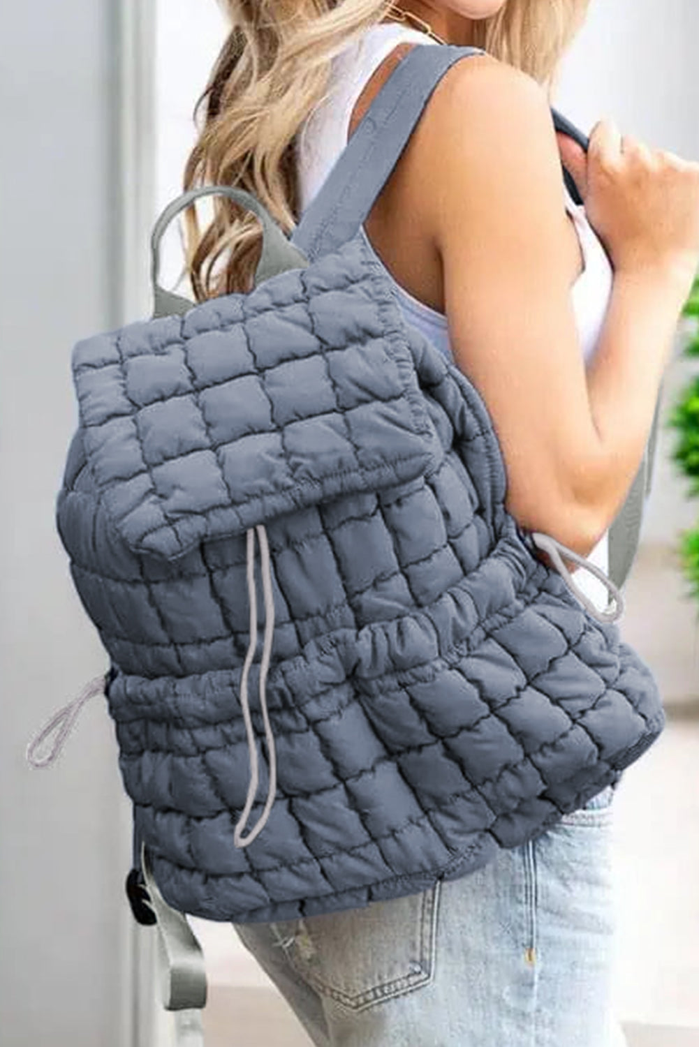 Medium Grey Solid Flapped Quilted Puffer Backpack