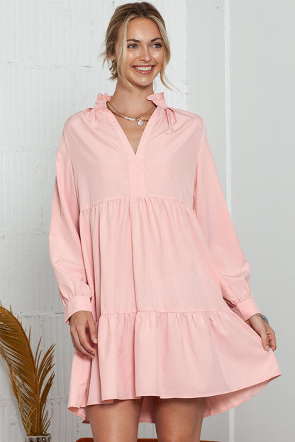 Pink Elegant Stand V Neck Short Frill Dress