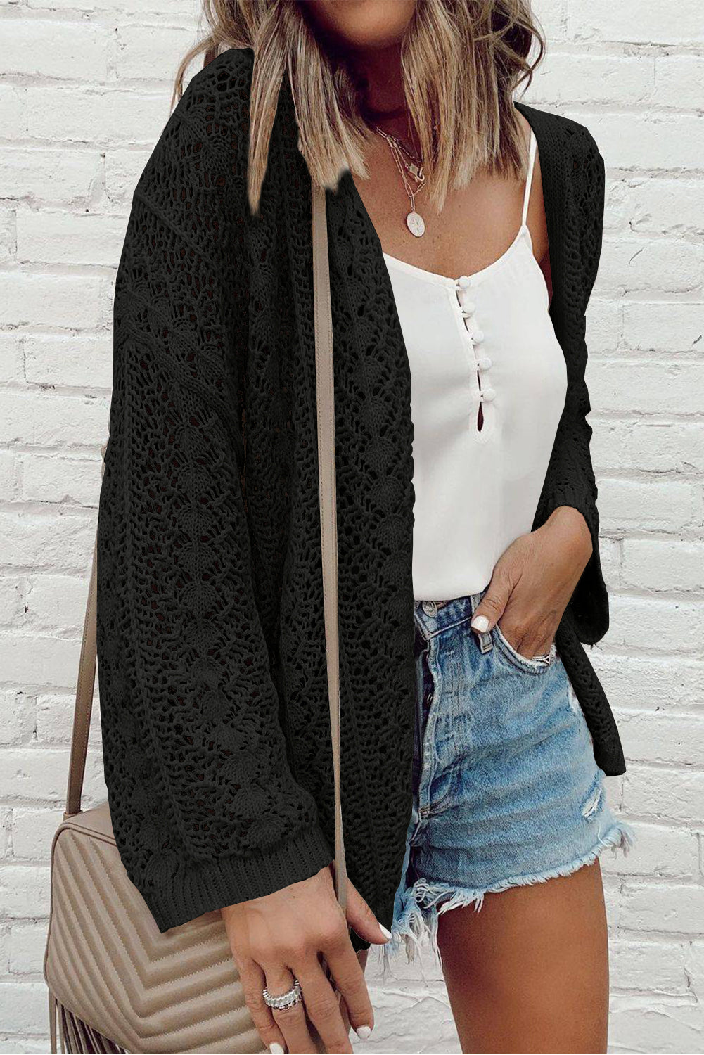 White Hollow Out Crochet Knit Drop Shoulder Open Front Cardigan