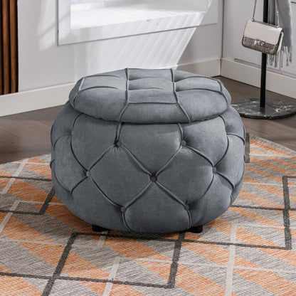 Grey Large Button Tufted Woven Round Storage Footstool