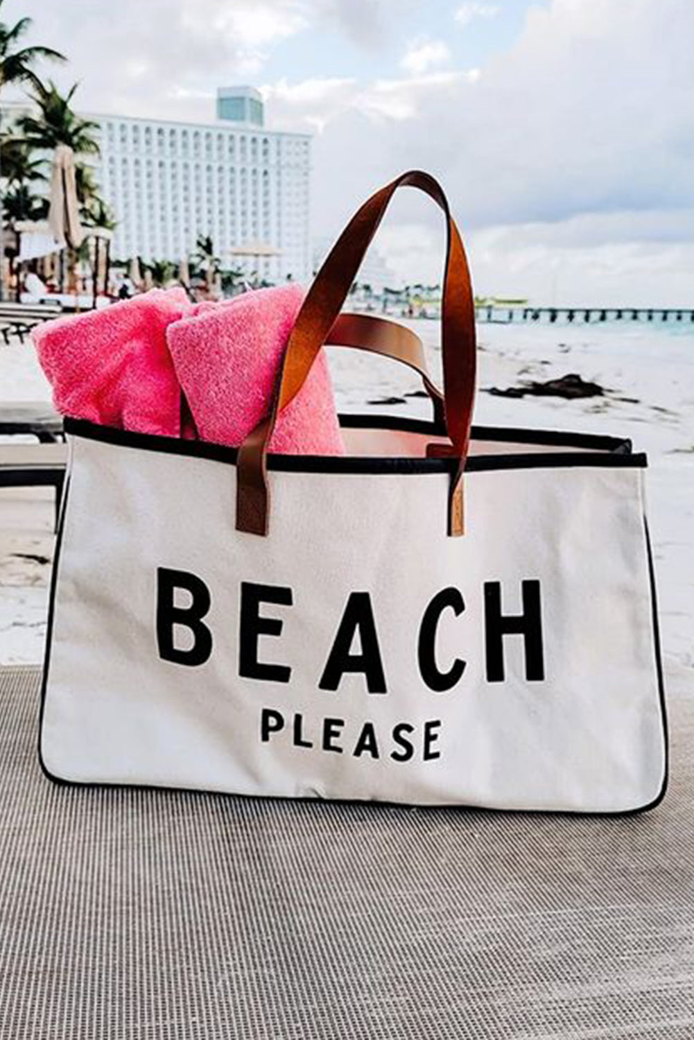 Bright White BEACH PLEASE Print Bolsa grande de lona