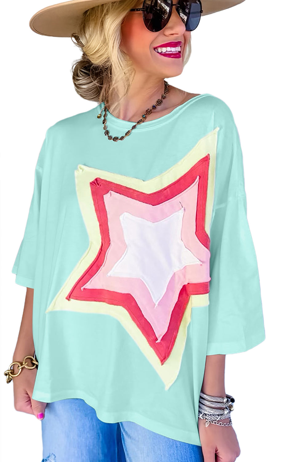 White Colorblock Star Patched Half Sleeve Oversized Tee