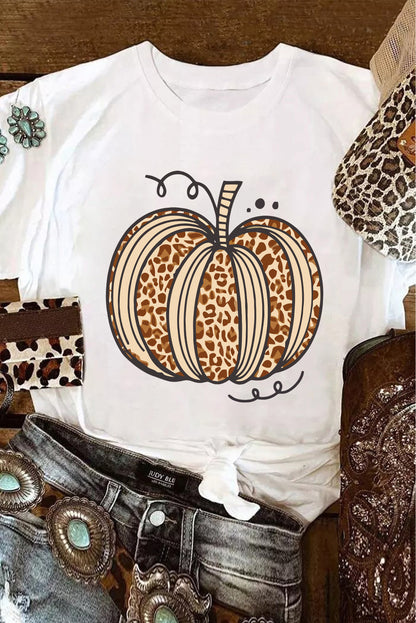 White Halloween Leopard Pumpkin Graphic Crewneck T Shirt