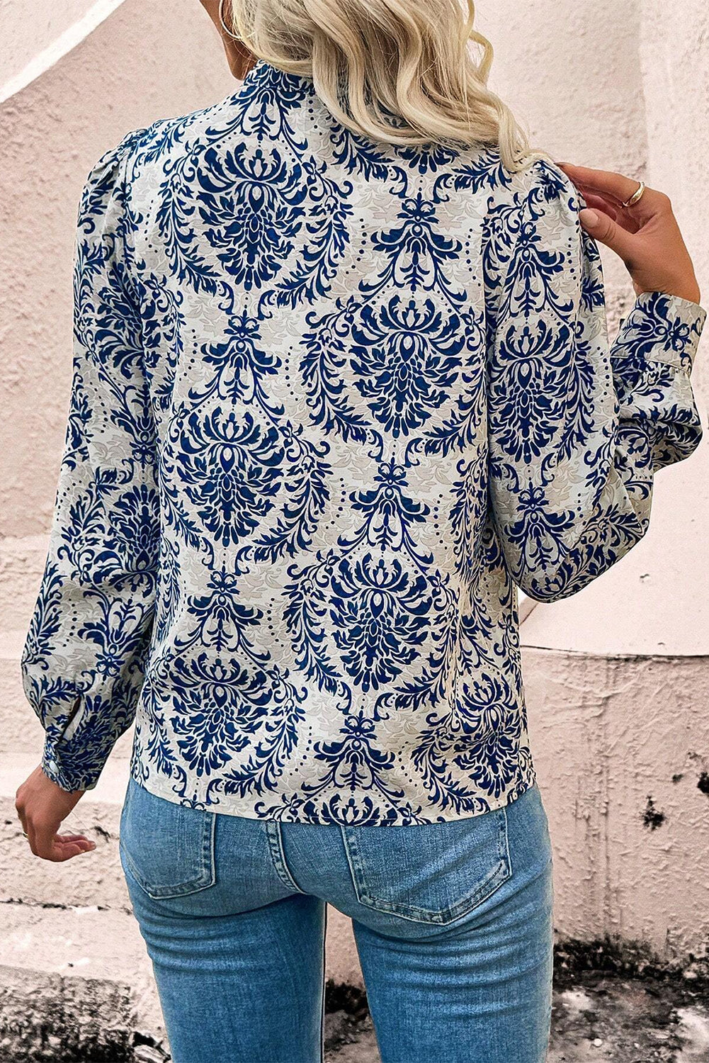 Sky Blue Bohemian Print Puff Sleeve Button-up Shirt