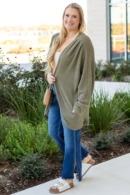 Seagrass Waffle Knit Drop Shoulder Plus Size Cardigan