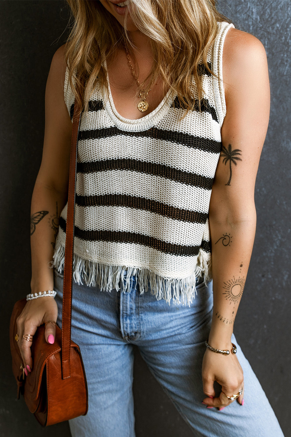 Beige Striped U Neck Fringe Hem Knit Tank Top