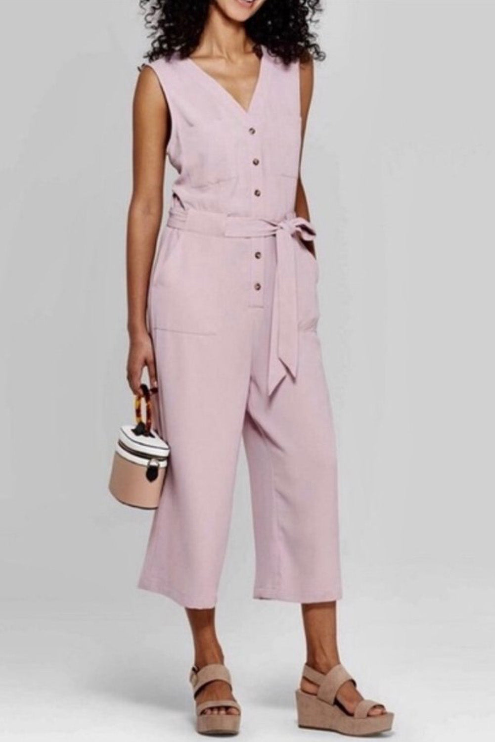 Pink Buttoned Sleeveless Cropped Jumpsuit With Sash