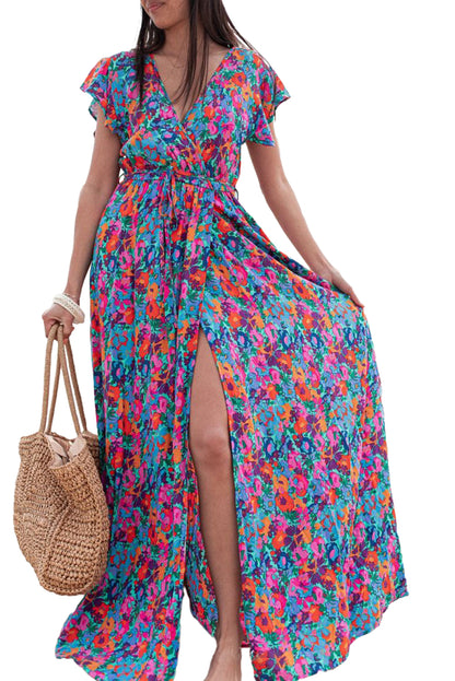 Blue Boho Floral Print V Neck Wrap Split Maxi Dress