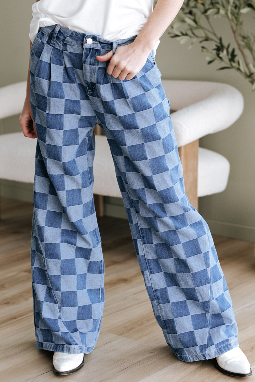 Dusk Blue Checkered Denim Wide Leg Jeans