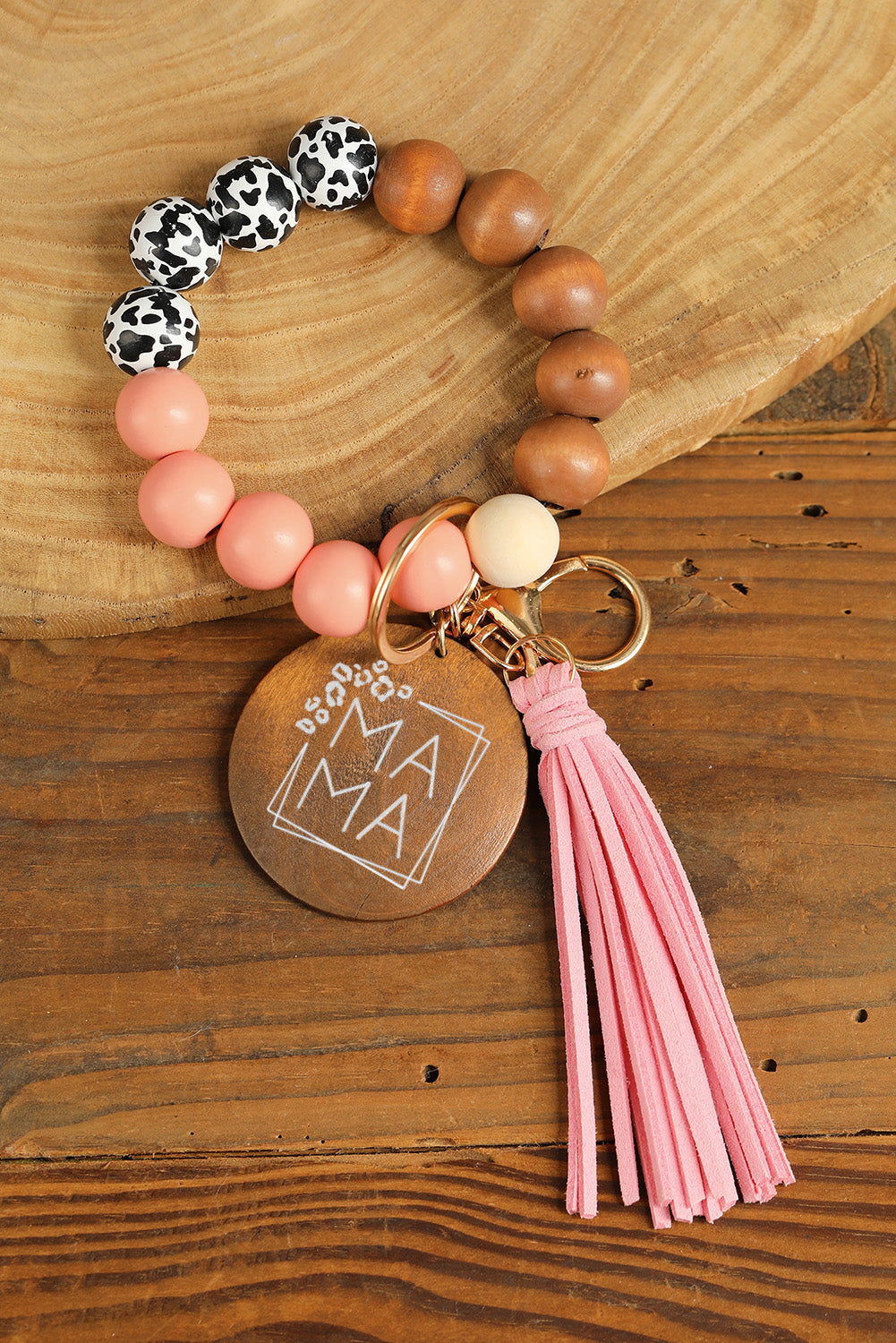 Pink Mama Leopard Wood Beads Fringe Bracelet Keychain