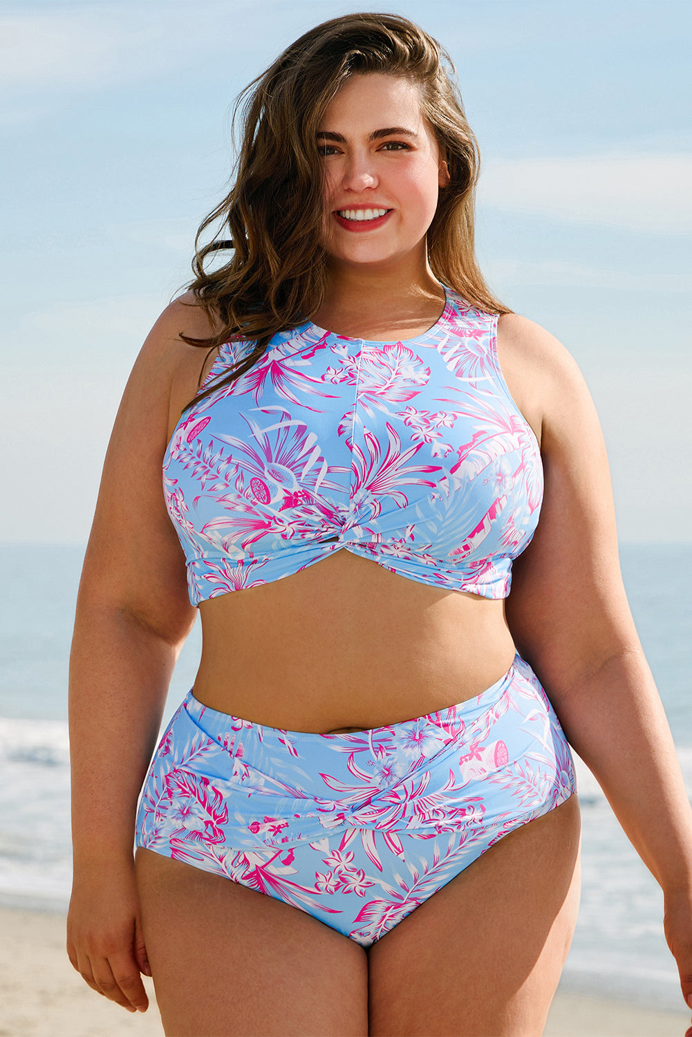 Sky Blue Plus Size Floral Print Twisted High Waist Bikini Set