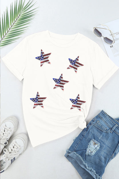 Camiseta blanca con estampado de estrella y bandera americana de lentejuelas