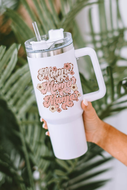 Taza de vaso con aislamiento de acero inoxidable con estampado de leopardo y flor de mamá blanca de 40 oz