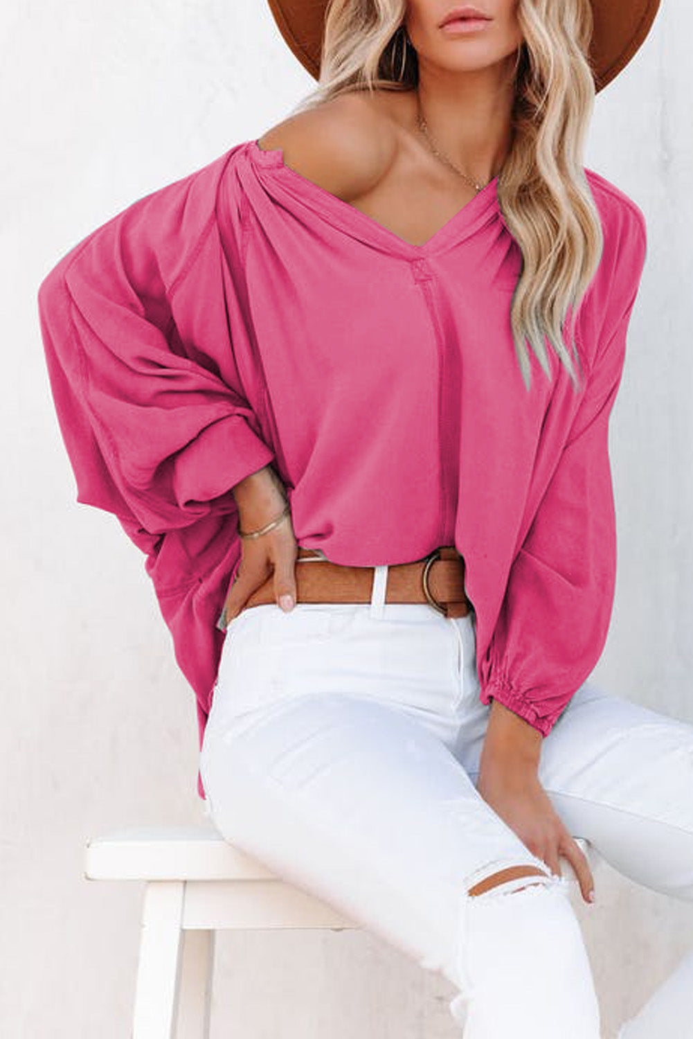 Plicated Detail V Neck Blouse