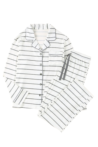 White Striped Print Long Sleeve Top & Drawstring Pants Pajamas Set