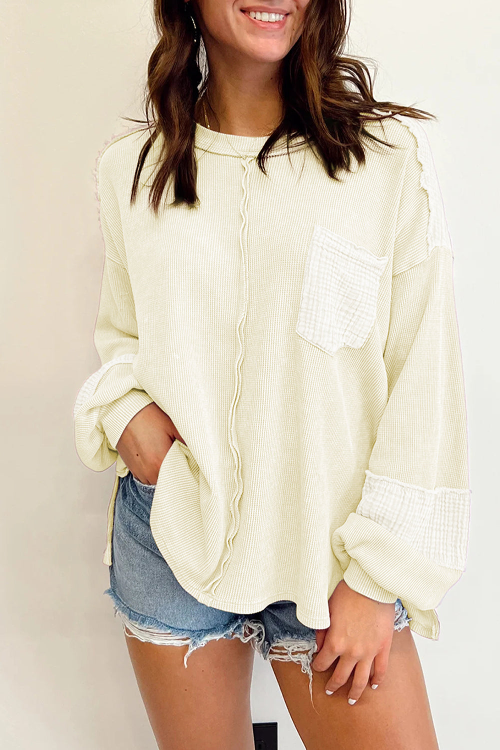 Crinkle Patchwork Long Sleeve Top