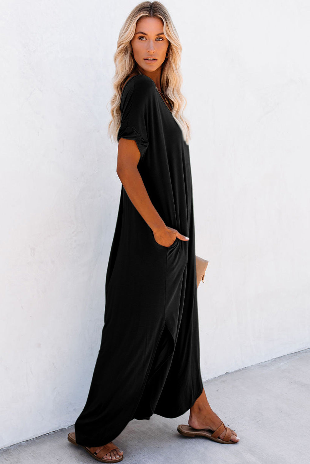 Black Solid Color Hidden Pocket V Neck Slit Maxi Dress