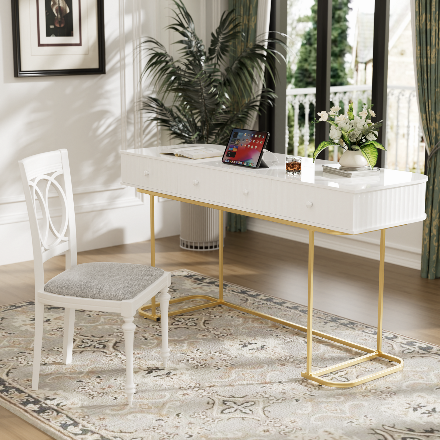 White & Gold Mid-Century Modern Curved Desk