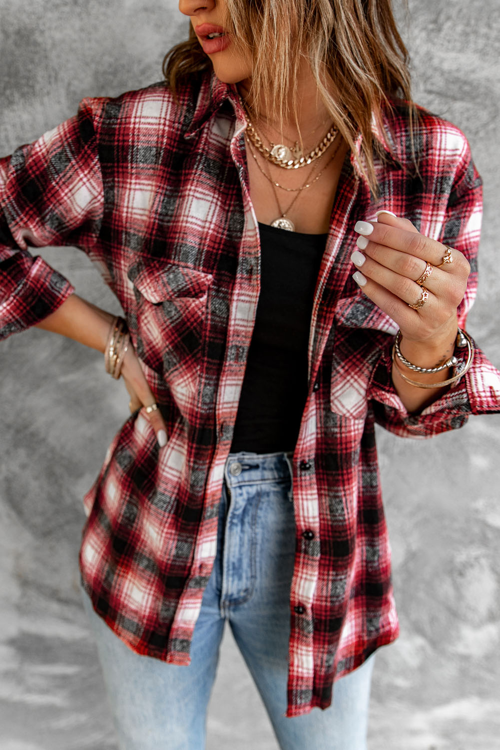 Button Up Collared Flannel Shirt Shacket with Flap Pockets