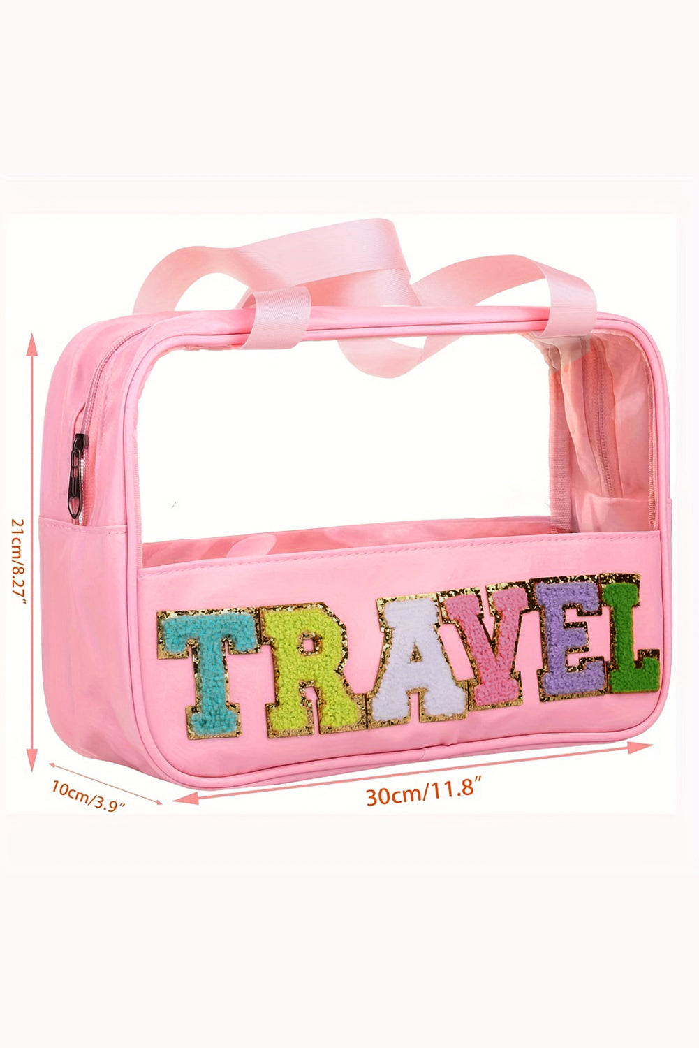 Bolsa de maquillaje de PVC transparente con letras de chenilla de TRAVEL negra