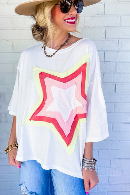 White Colorblock Star Patched Half Sleeve Oversized Tee