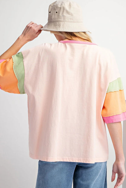 Green Color Block Sleeve Round Neck Oversize Top