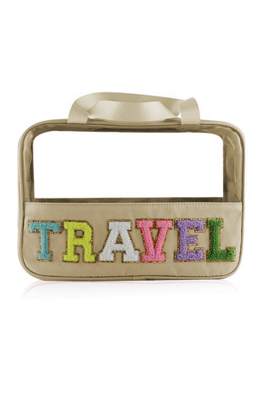 Bolsa de maquillaje de PVC transparente con letras de chenilla de TRAVEL negra