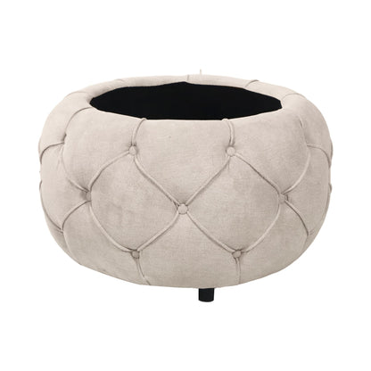 Beige Large Button Tufted Woven Round Storage Footstool