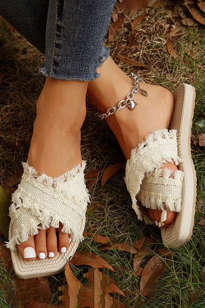 Beige Tassel Woven Crossed Straps Flat Sandels