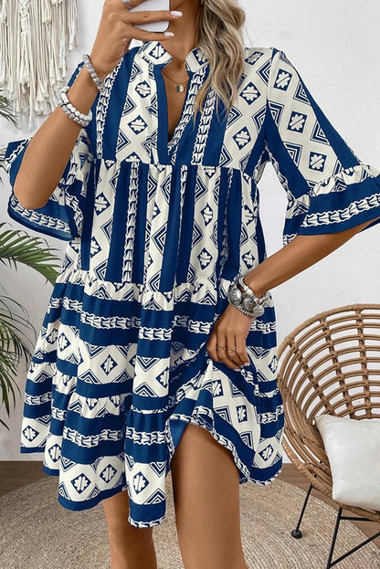 Black Abstract Print Bell Sleeve V Neck Boho Dress