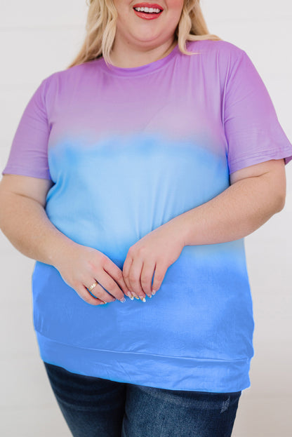 Camiseta informal de talla grande con bloques de color teñido anudado y cuello redondo morado