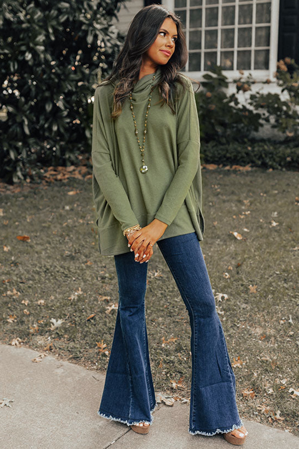 Cowl Neck Loose Fit Tunic Long Sleeve Top