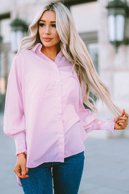 Black Striped Casual Shirred Cuffs Shirt