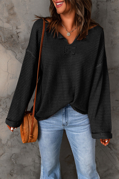 Waffle Drop Shoulder Long Sleeve Top