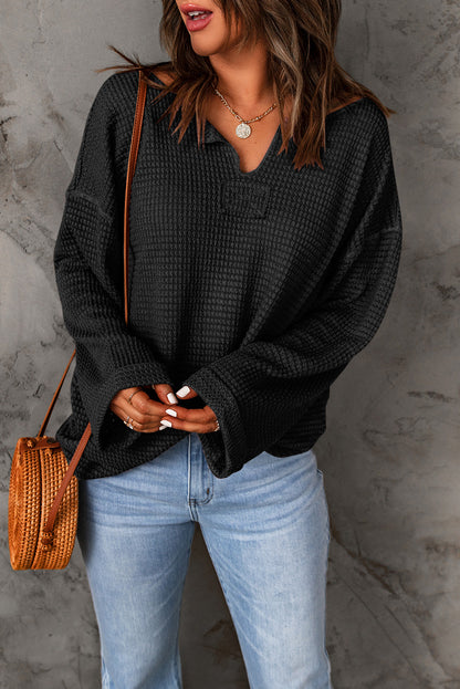 Waffle Drop Shoulder Long Sleeve Top