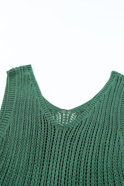 Khaki Hollowed Knit V Neck Tank Top