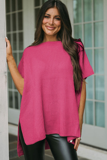 Rose Red Side Slit Short Sleeve Oversized Sweater