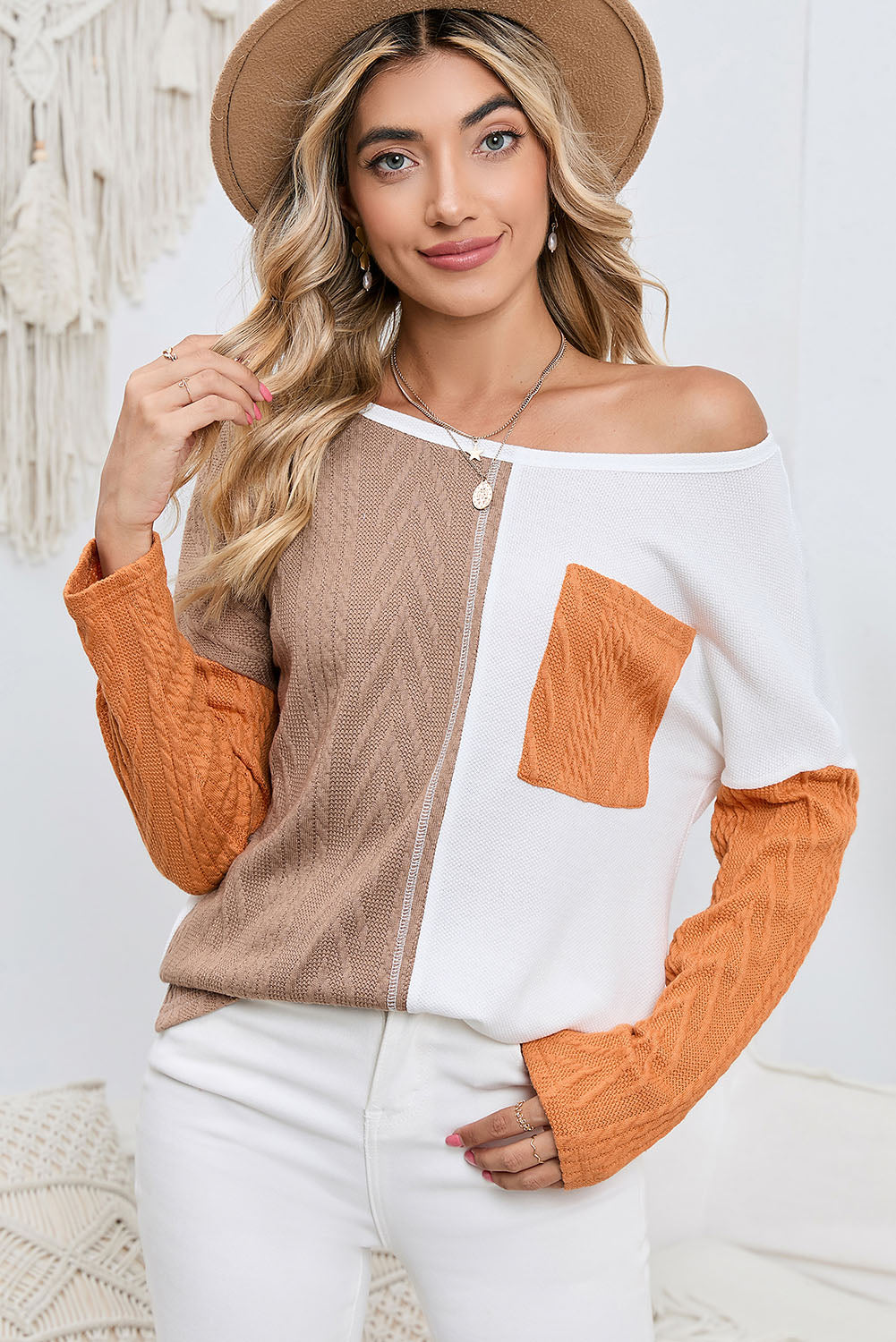 Long Sleeve Colorblock Chest Pocket Textured Knit Top